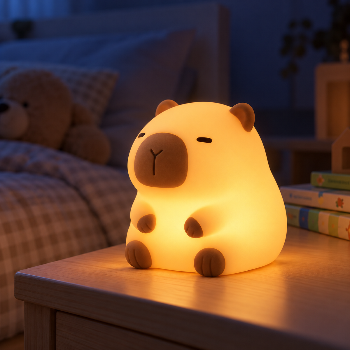 Veilleuse capybara allumée sur une table de chevet dans une chambre d'enfant le soir