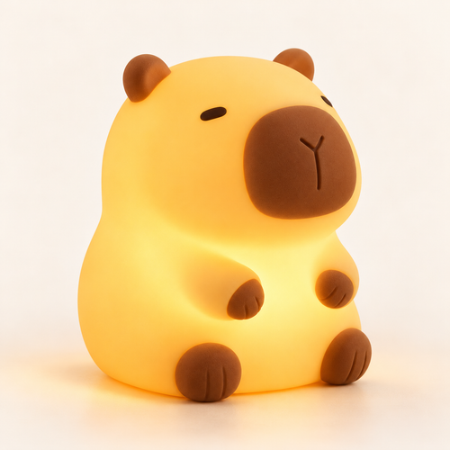 Veilleuse capybara en silicone allumée, lumière douce, sur fond crème