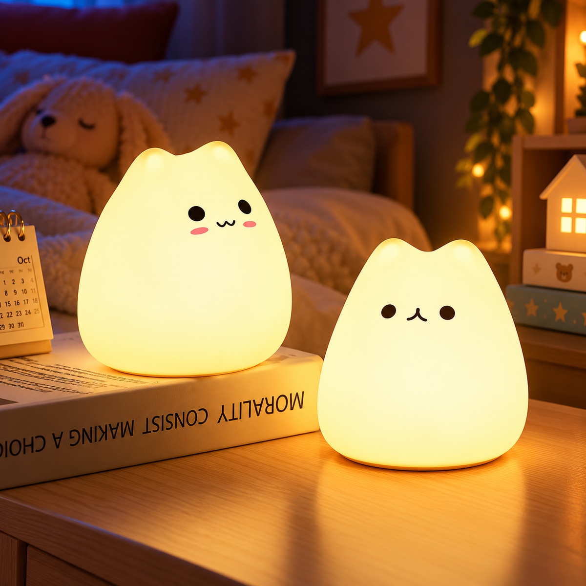 Veilleuse chat en silicone allumée, lumière douce pour chambre d'enfant