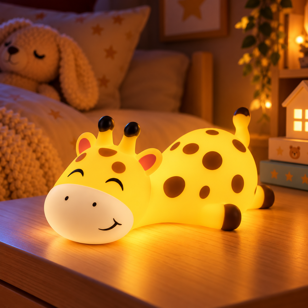 Veilleuse girafe en silicone allumée, lumière douce pour chambre d'enfant