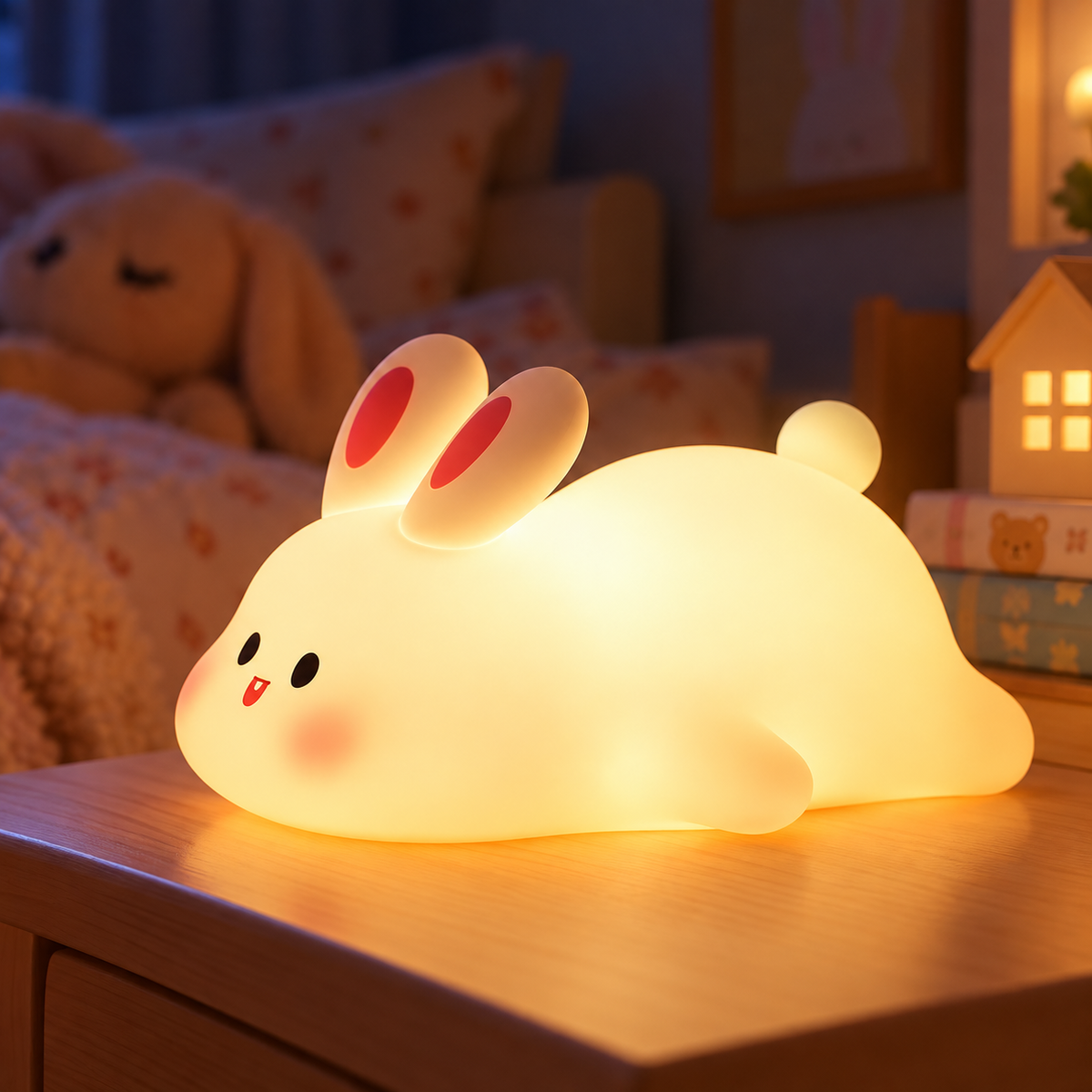 Veilleuse lapin en silicone allumée, lumière douce pour chambre d'enfant