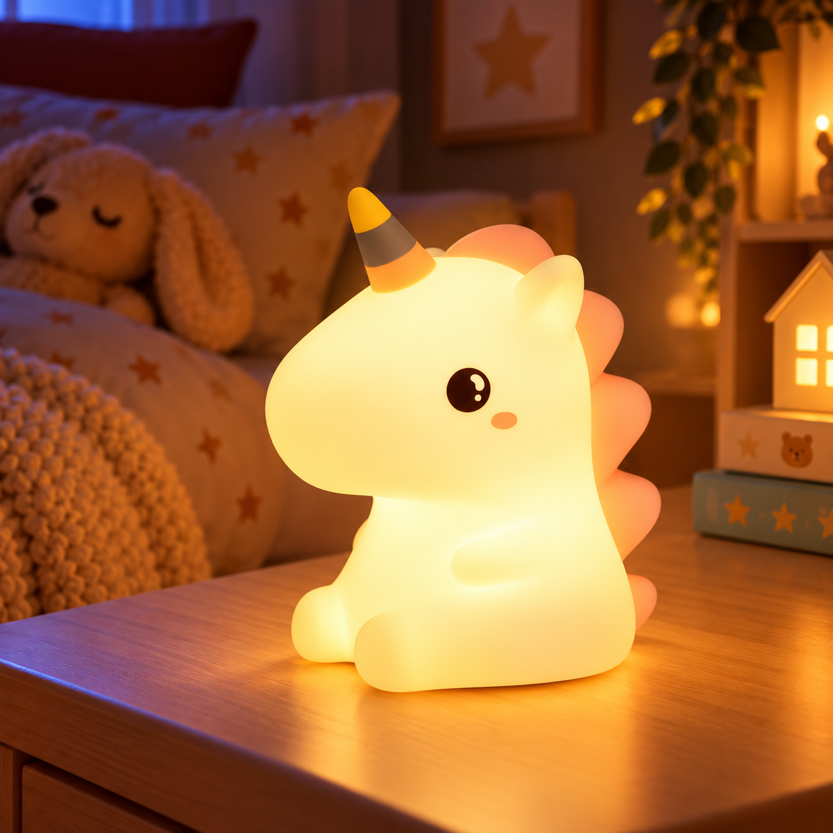 Veilleuse licorne allumée dans une chambre d'enfant le soir