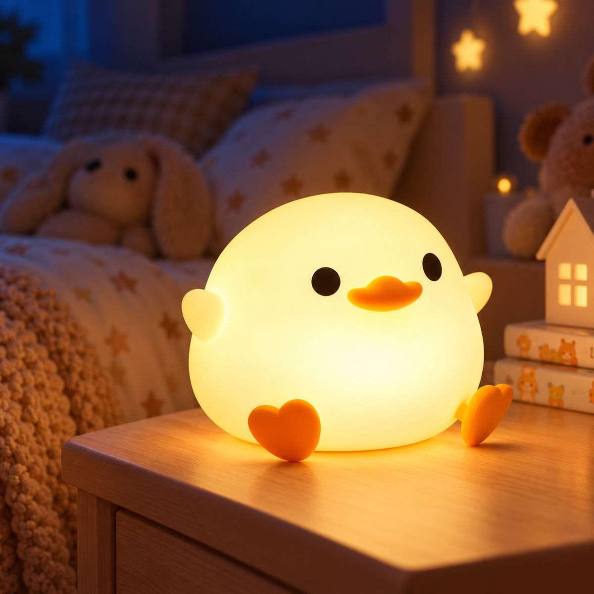 Veilleuse canard allumée sur une table de chevet dans une chambre d'enfant le soir